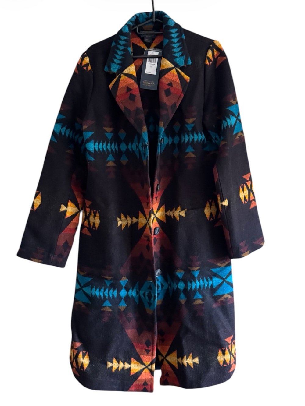 Pendleton Black Virgin Wool Long Coat with Turquoise, Rust & Gold Aztec Pattern